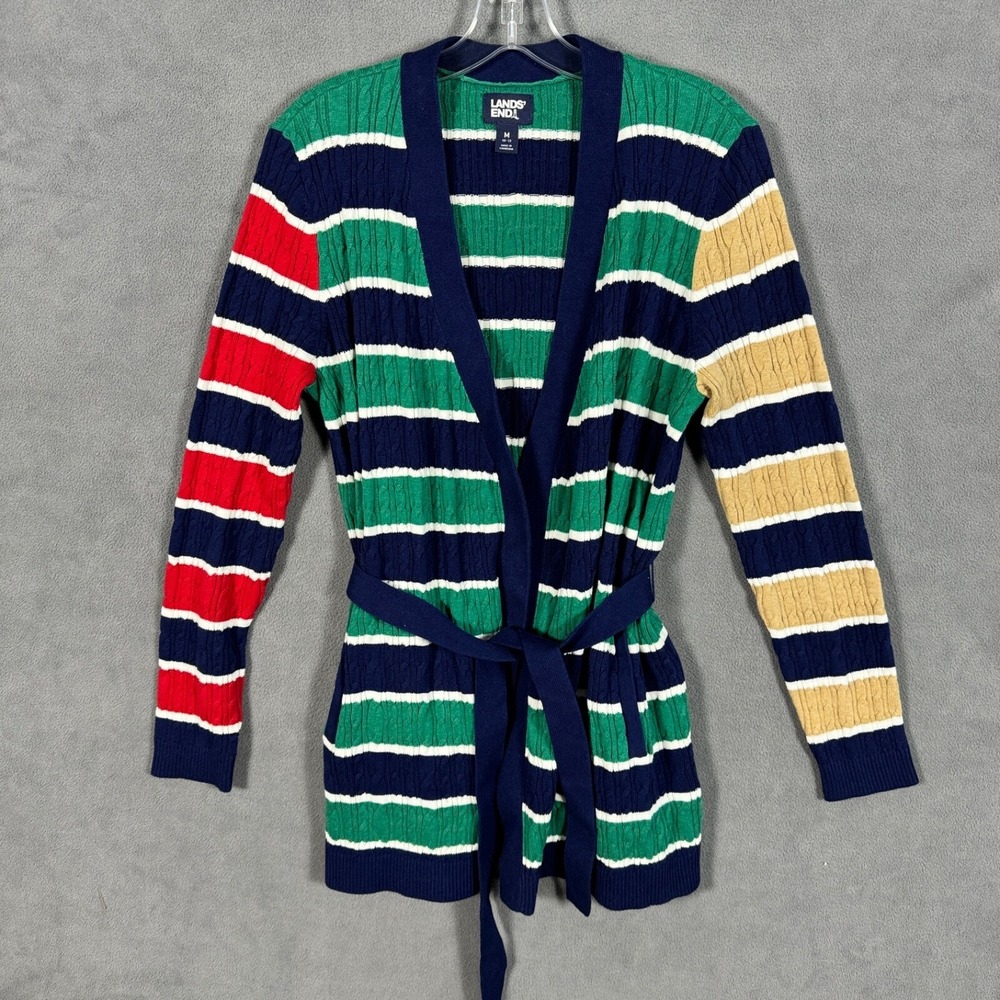 Lands End Cardigan Sweater Women M Multicolor Cotton Knit Long Sleeve Belted